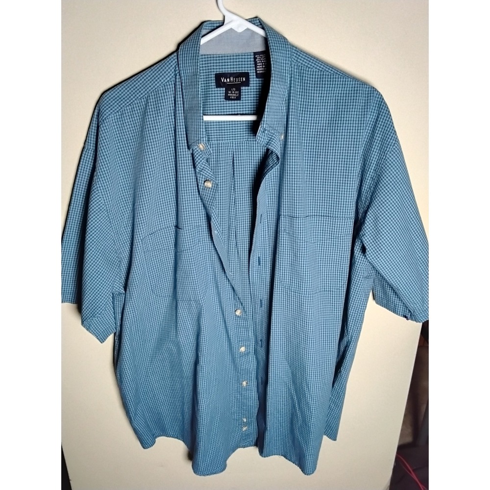 Van Heusen Mens Large Gingham Check Short Sleeve Button Down Shirt Blue Black